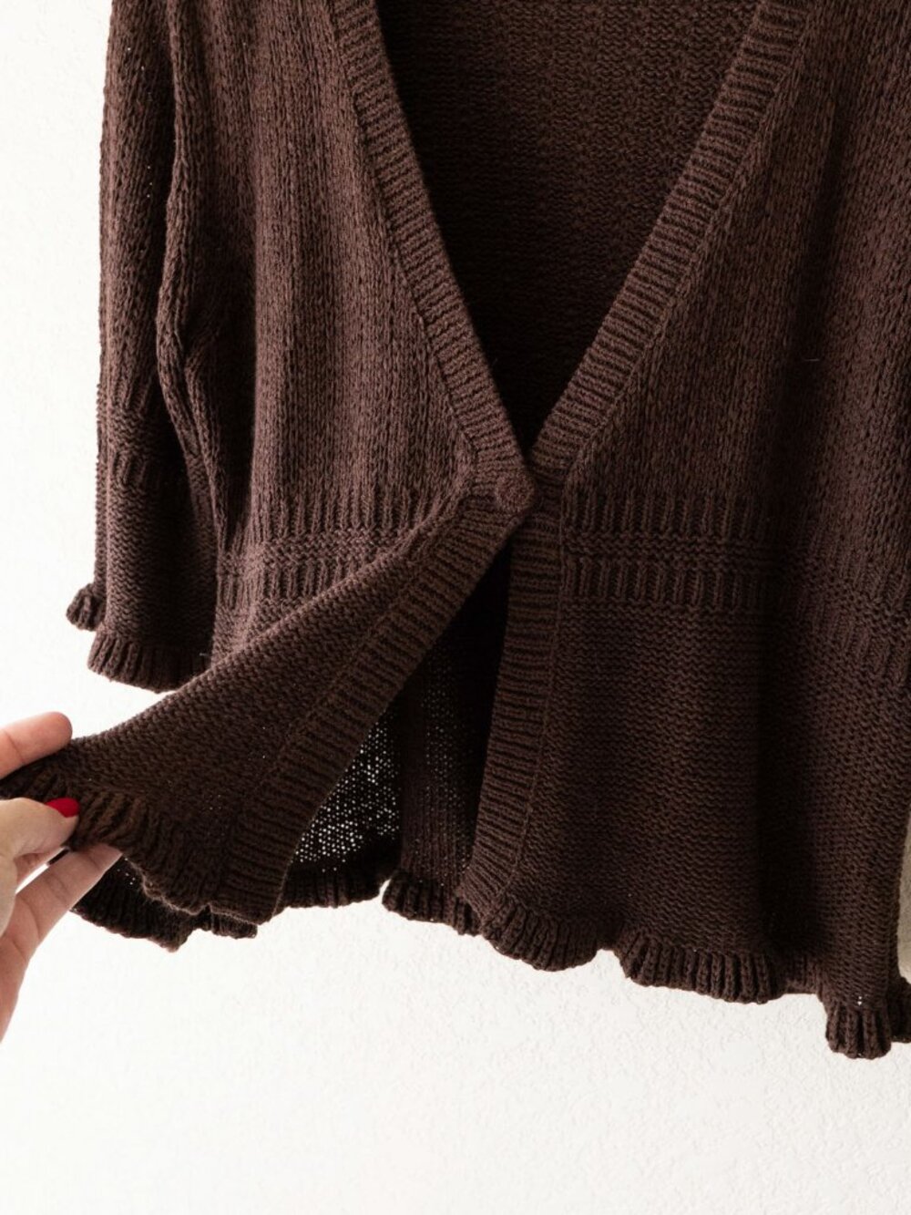 C'est City Cardigan Womens L Chocolate Brown Ruffle Knit Short Sleeve Boho Y2K - Picture 8 of 14